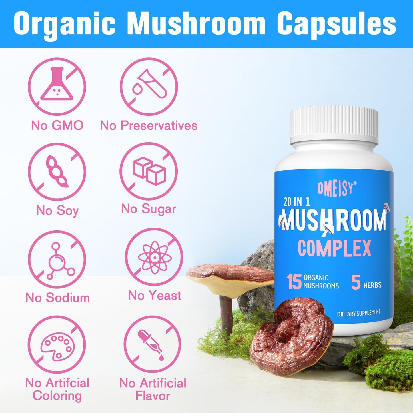 Dmeisy Mushroom Supplement 20-in-1 Mushroom Complex 120 Capsules