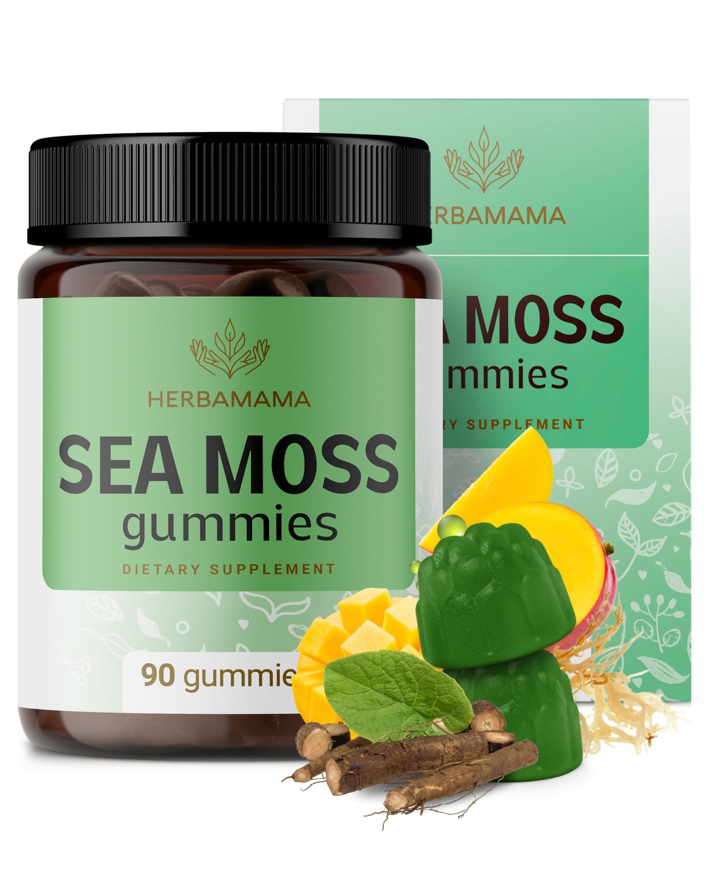 HERBAMAMA Sea Moss Gummies 1600 mg for Thyroid Support – Immune Support with Bladderwrack and Burdock Root, Vegan, Non-GMO, 90 Gummies