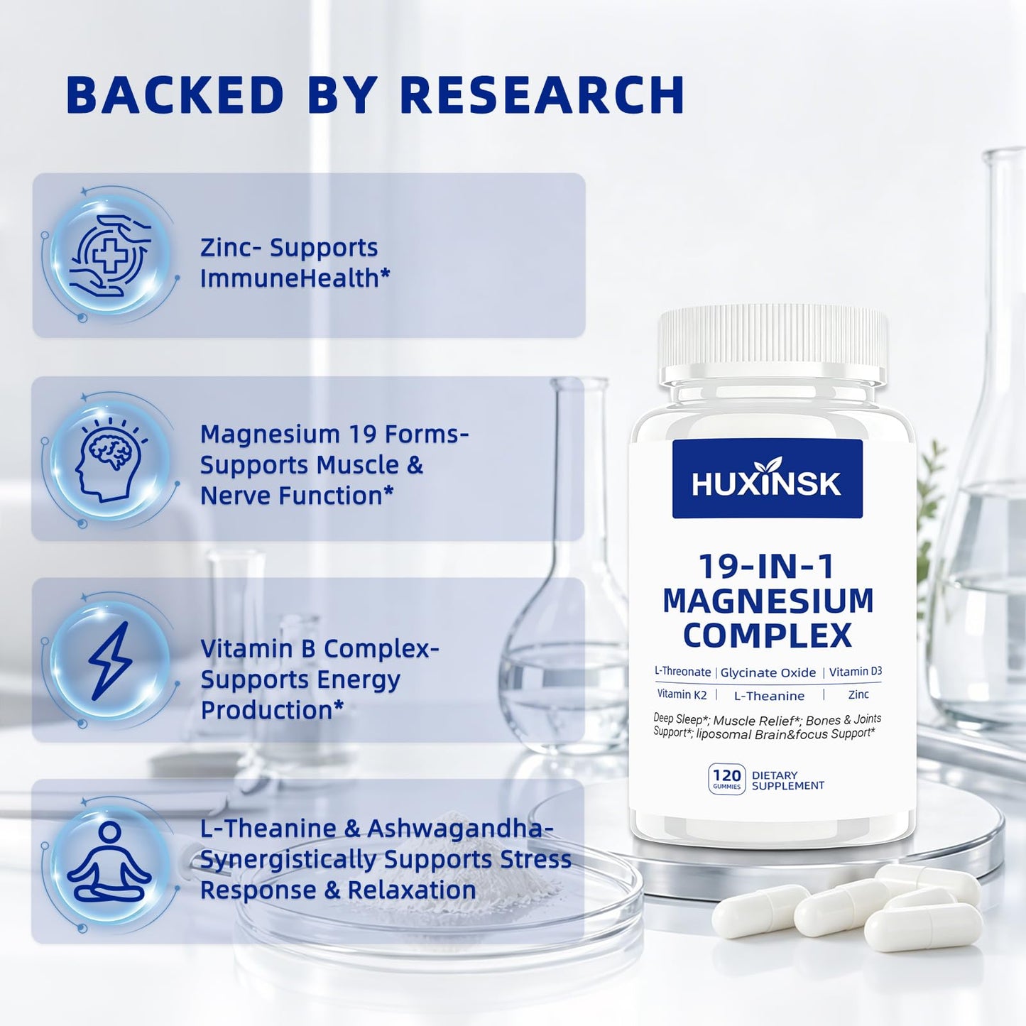 HUXINSK 19-in-1 Magnesium Complex 1000 mg – L-Threonate, Glycinate, Malate with Ashwagandha, L-Theanine, D3+K2, CoQ10, Zinc, Vitamin C, B6 & B12 – High Absorption Capsule 120 Count