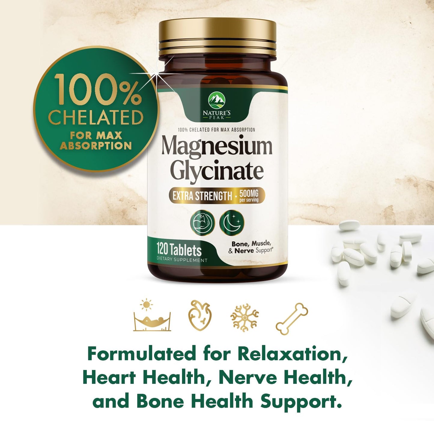 Nature's Peak Magnesium Glycinate 500mg Per Serving - Chelated Magnesium Supplement for High Absorption - Muscle, Bone & Heart Health Support - Easy on Stomach, Non-GMO, Vegan - 120 Tablets