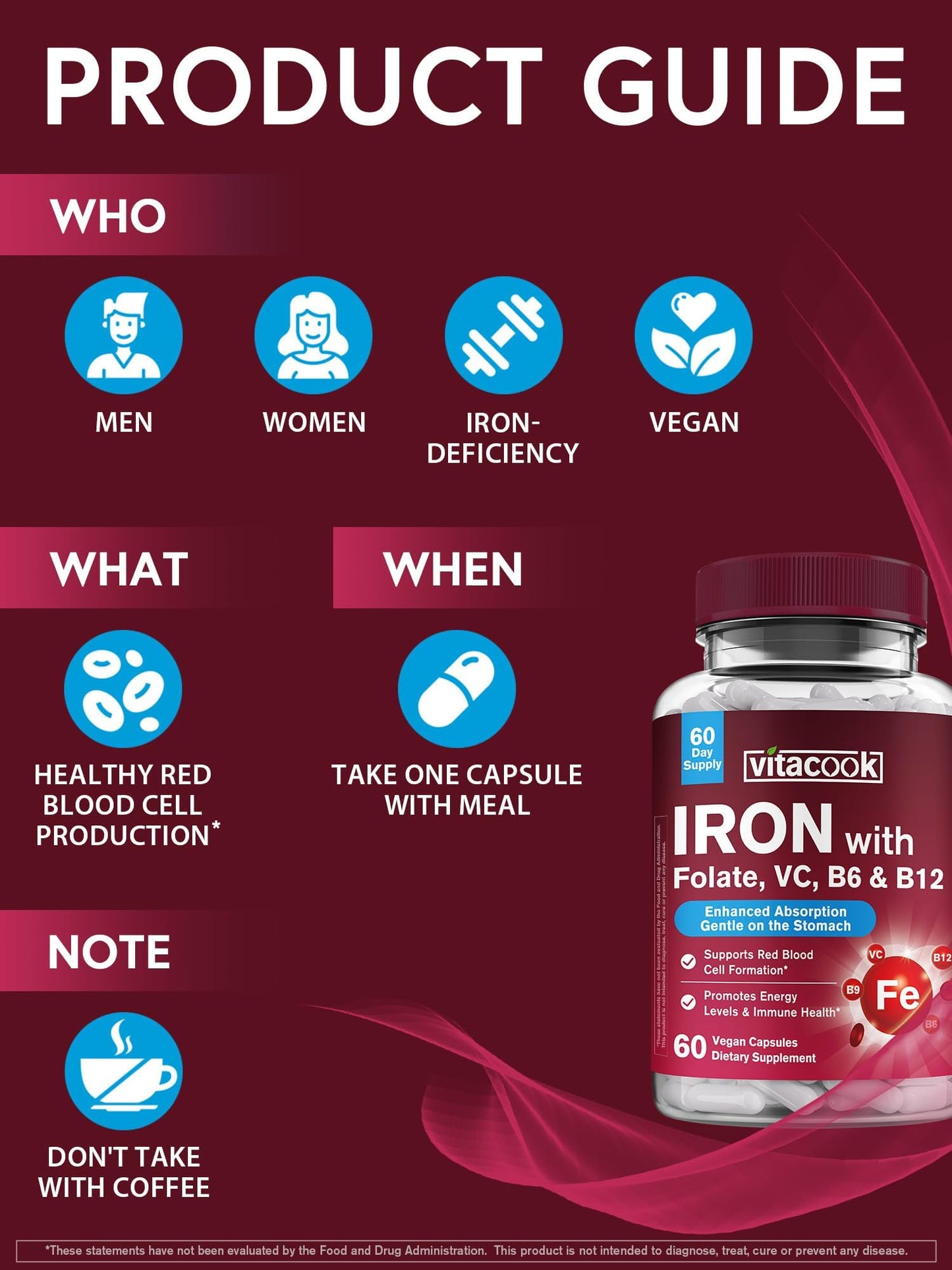 Vitacook Iron Supplement Bisglycinate with Vitamin C, B6, B12, Folate Capsule, 60 Count
