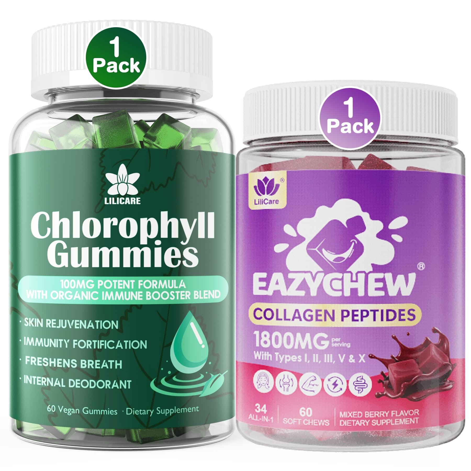 LILICARE Chlorophyll Gummies Super Green + Collagen Peptides 3000mg, 120 Gummies