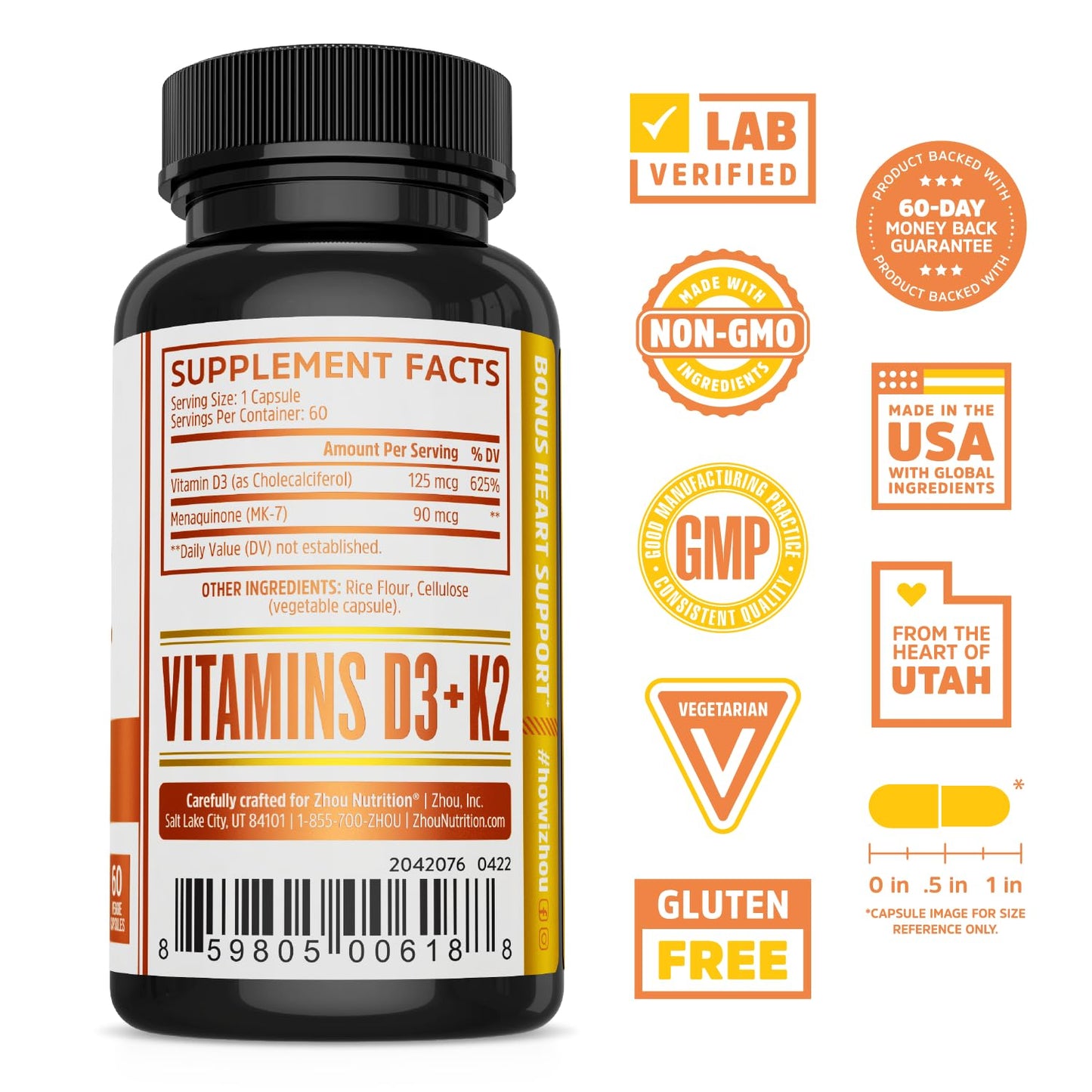 ZHOU D3+K2 Vitamin D3 and K2 Capsule, 60 Veggie Capsules