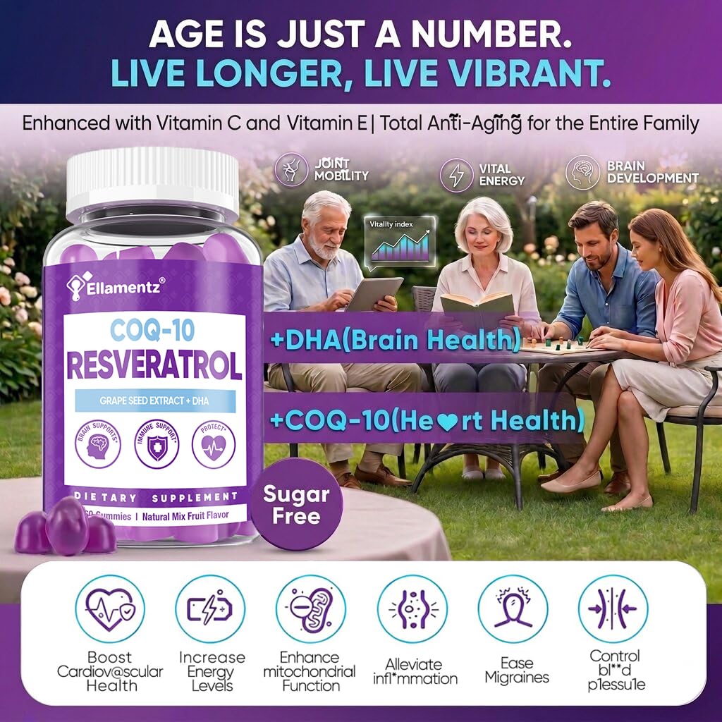 ELLAMENTZ 7-in-1 Trans-Resveratrol Gummies 500mg Complex with CoQ10, DHA, Vitamin C, E & Grape Seed - 120 Count