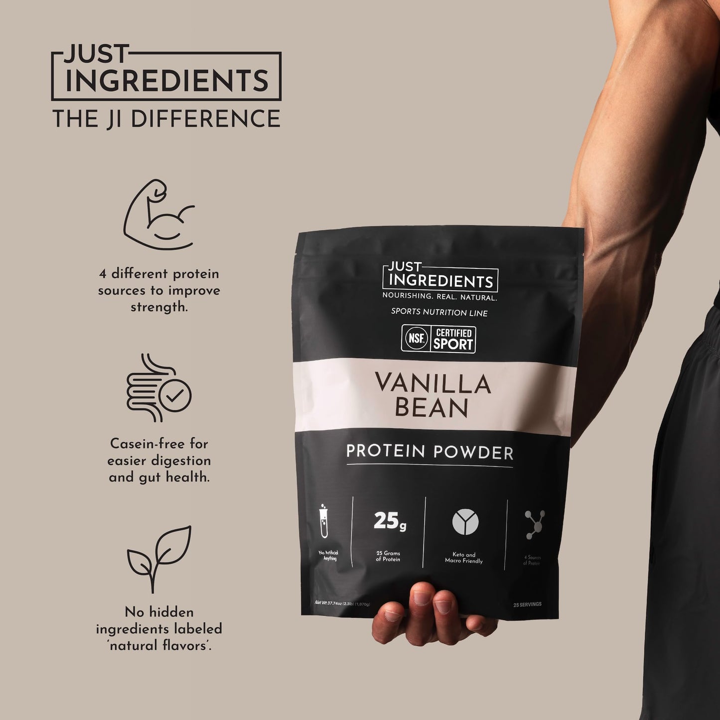JUST INGREDIENTS Vanilla Bean Protein Powder, 25 Servings