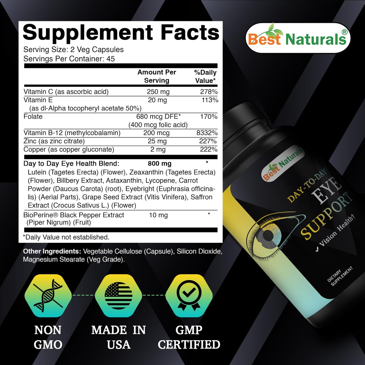 Best Naturals Day-to-Day Eye Support with Lutein, Zeaxanthin, Bilberry Extract, Astaxanthin, Lycopene, Carrot Powder, 90 Capsules