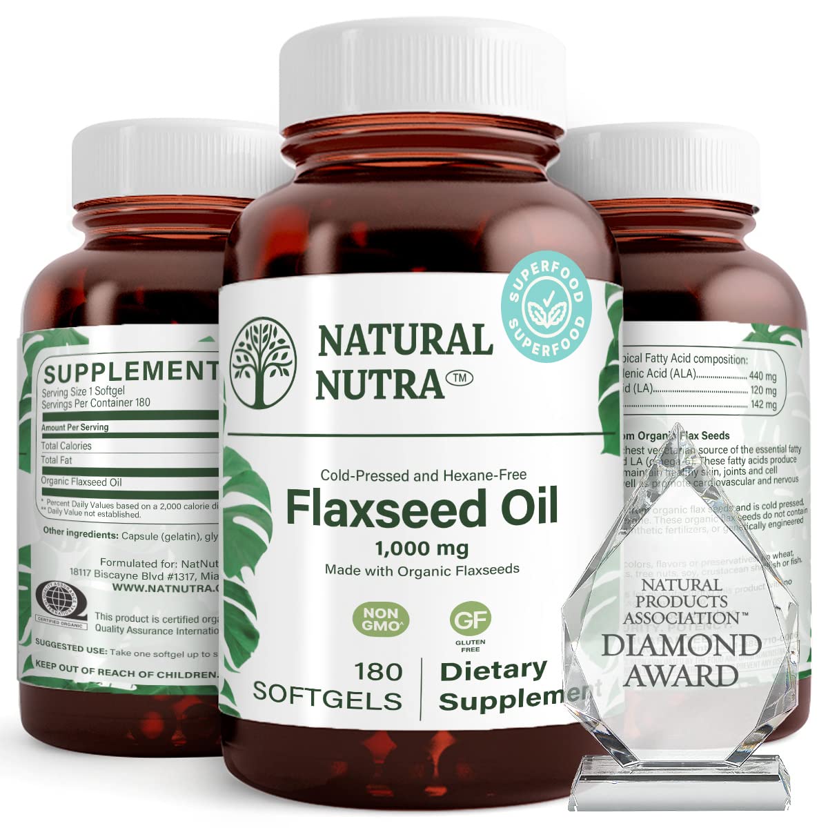Natural Nutra Organic Flaxseed Oil Softgels, Omega 3 6 9, 1000 mg, 180 Capsules