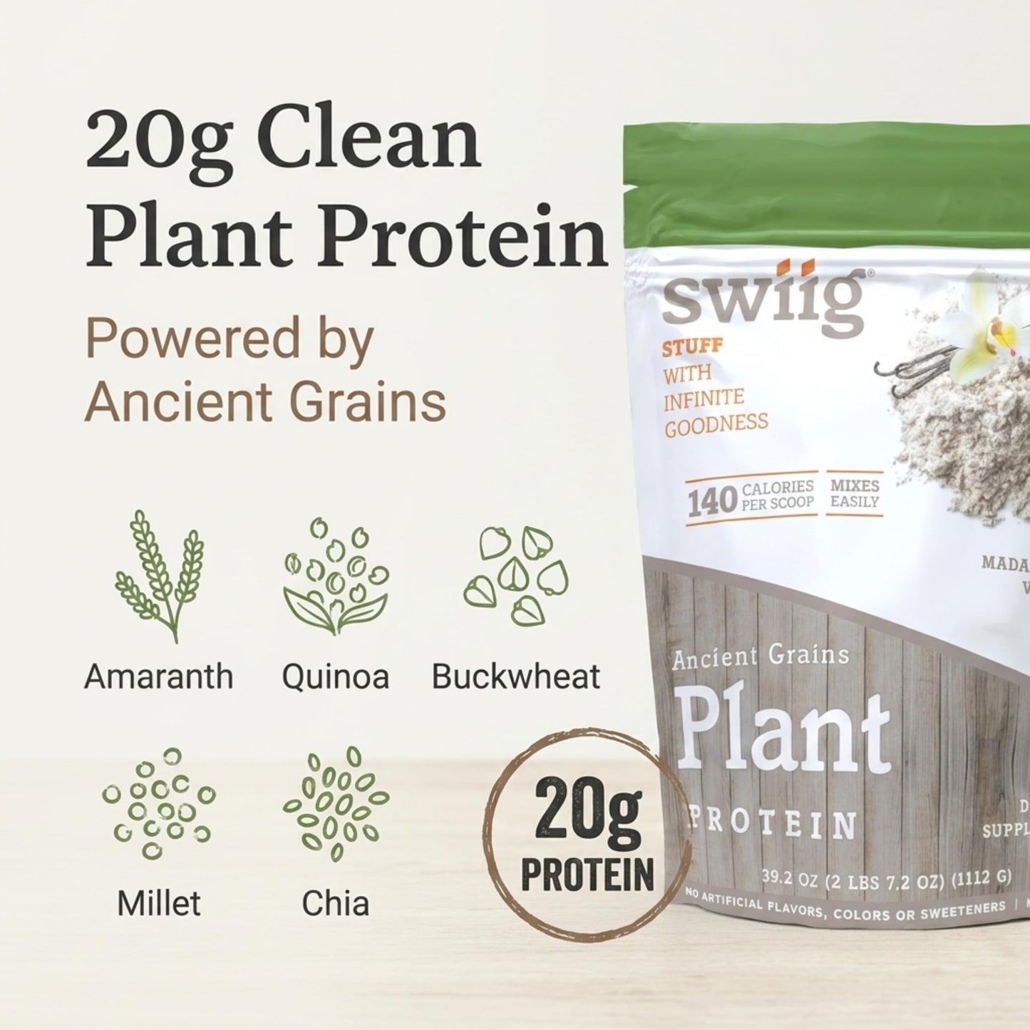 swiig Organic Plant Protein Powder – Vegan Plant Based Protein, Ancient Grains Protein Blend, Vanilla, 2.7 lb