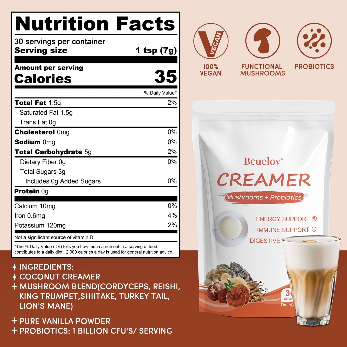 Bcuelov Mushroom Coffee Creamer Powder with 6 Adaptogenic Mushrooms & Probiotics, 7.4 oz