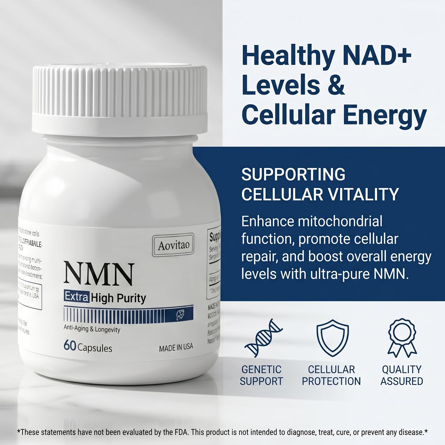 AOVITAO NMN Supplement 500mg Ultra Pure 99.8% Stabilized Form Supports NAD+ Production, Cellular Health & Healthy Aging 60 Capsules
