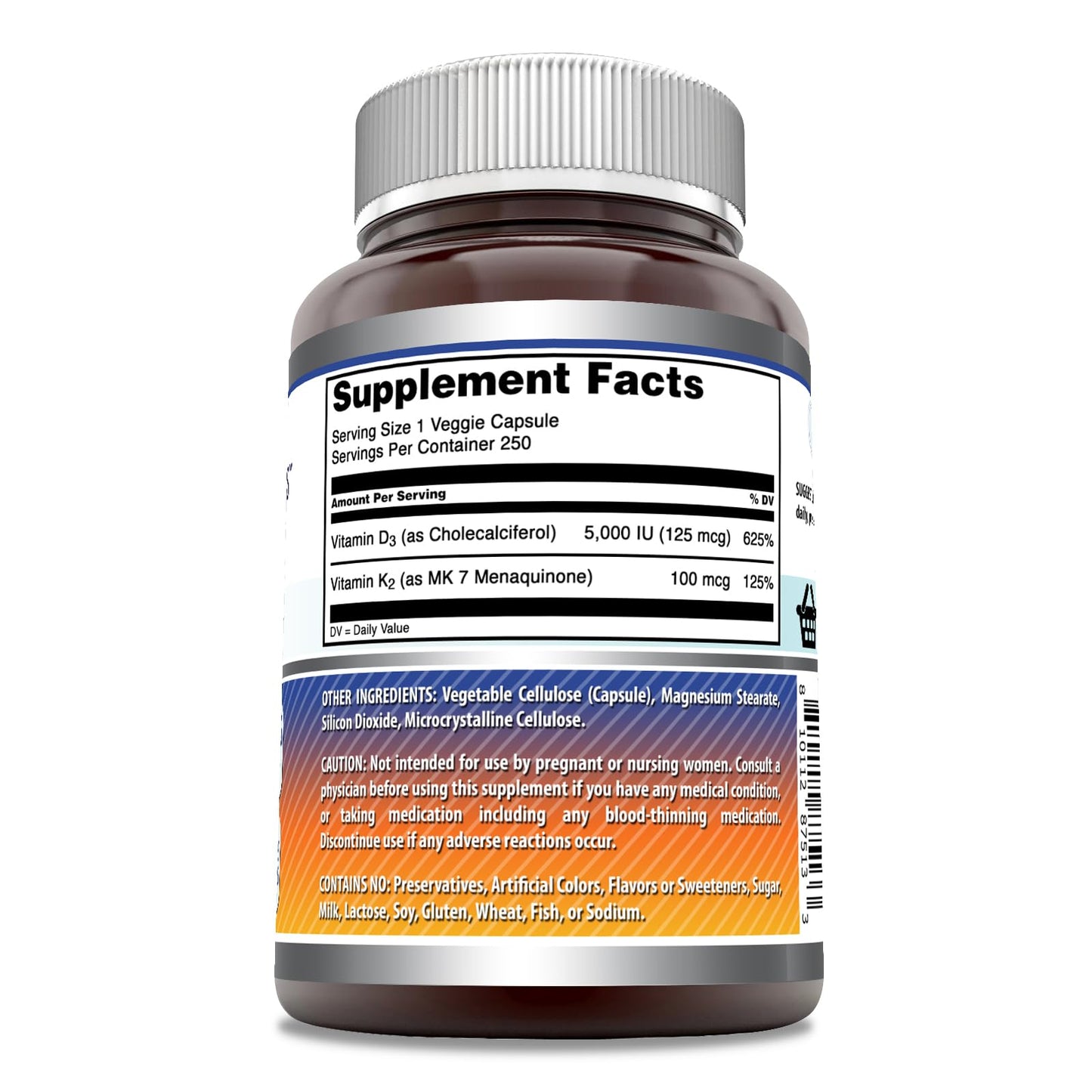 Amazing Nutrition Vitamin D3 5000 IU with Vitamin K2 100 mcg, 250 Veggie Capsules
