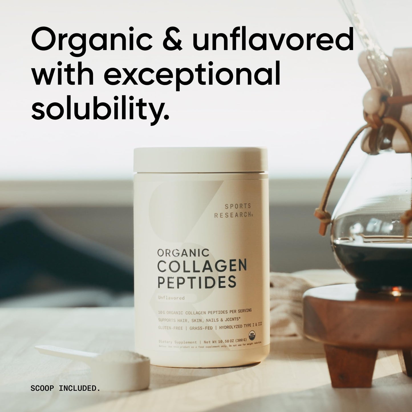 Sports Research Organic Collagen Peptides - Hydrolyzed Type I & III Collagen Protein Powder 10.58 Ounce