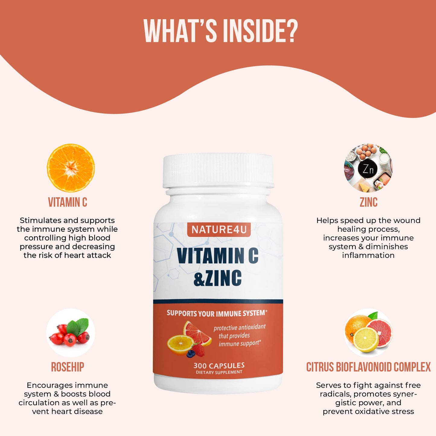 Nature4U Vitamin C 1000mg with Zinc, Rose HIPS and Citrus Bioflavonoids, Immune Support Supplement Antioxidants Protection, 300 Capsules