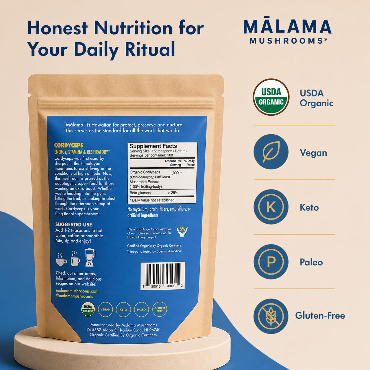 MALAMA MUSHROOMS Cordyceps Extract Powder, 3.5 oz