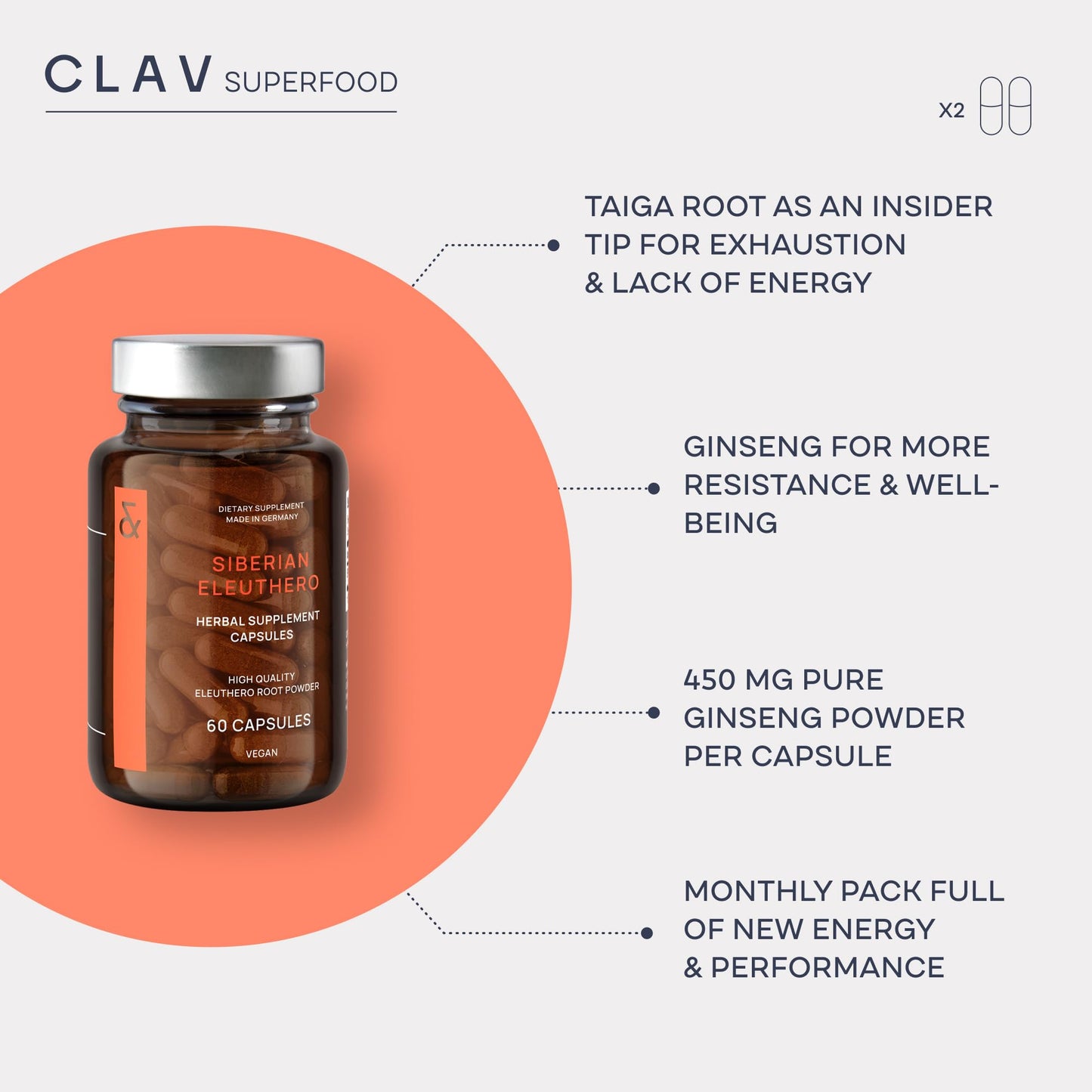 CLAV Siberian Ginseng 900mg Eleuthero Root Powder Capsules, 60 Count
