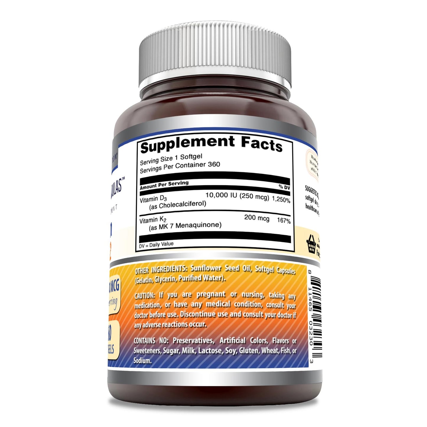 Amazing Nutrition Vitamin D3 10000 IU with Vitamin K2 200 mcg D3 + K2 Complex Softgel 360 Count