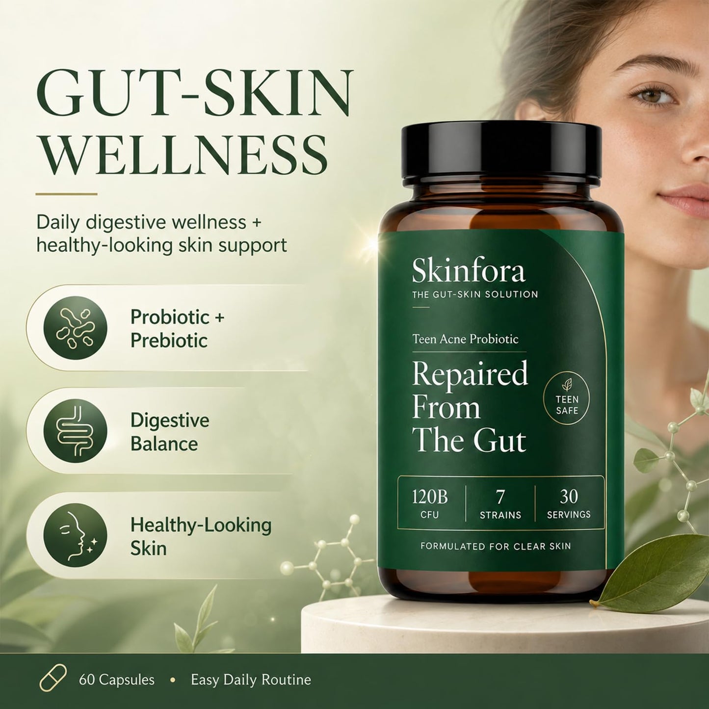 Golden Dunes Skinfora Gut Skin Probiotic Supplement Capsule, 60 Capsules