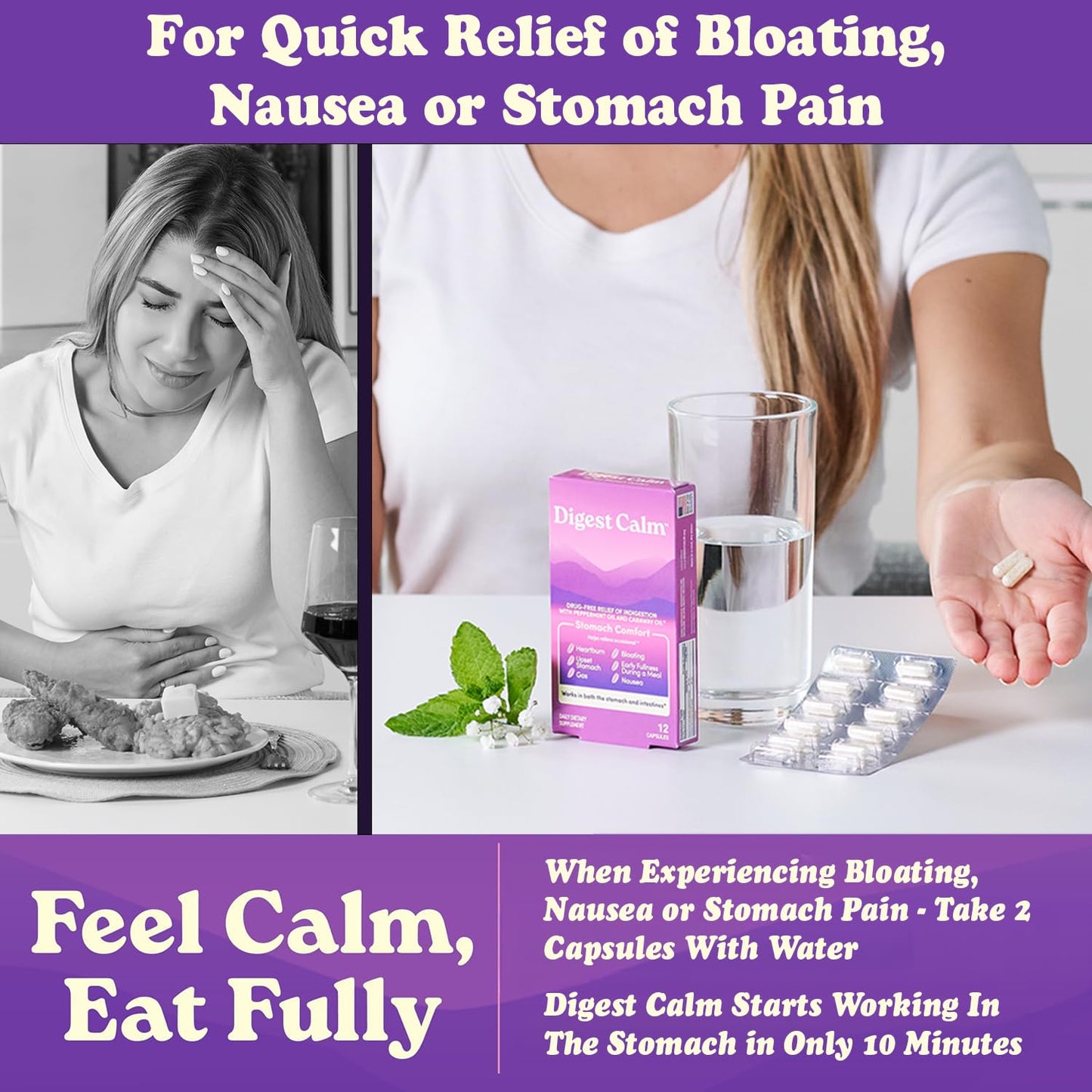 Digest Calm Herbal Relief of Indigestion: Upset Stomach, Nausea & Bloating 36 Capsules
