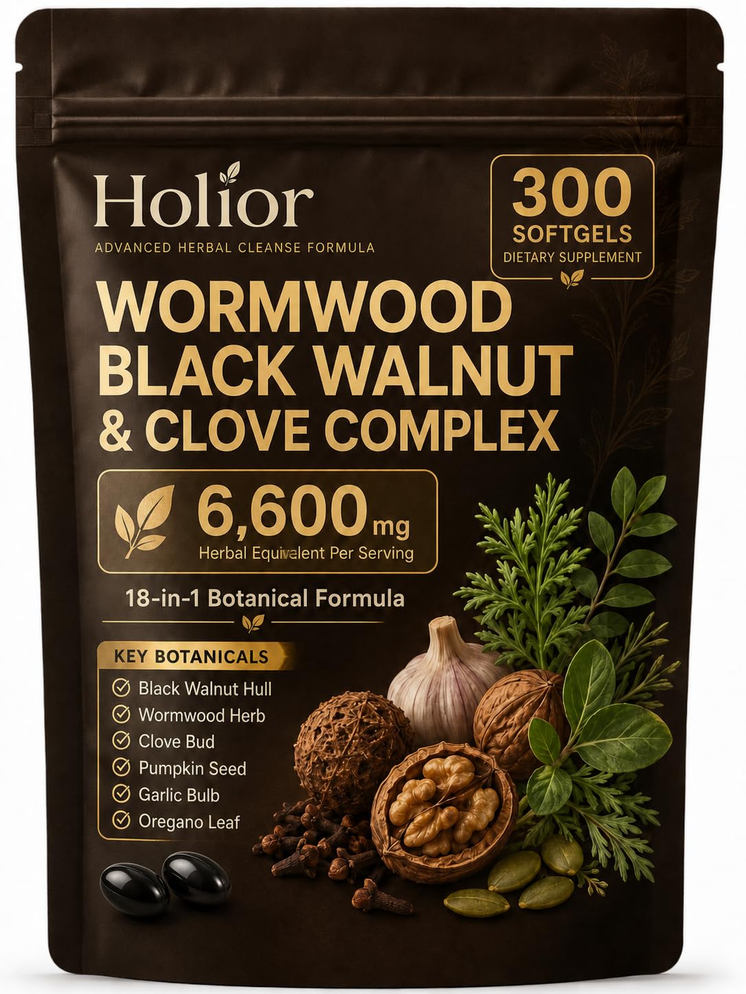 Holior Health Wormwood Black Walnut Cloves Digestive & Gut Balance Support Herbal Formula with Turmeric, Clove, Garlic, Pumpkin Seed & Oregano Softgel 300