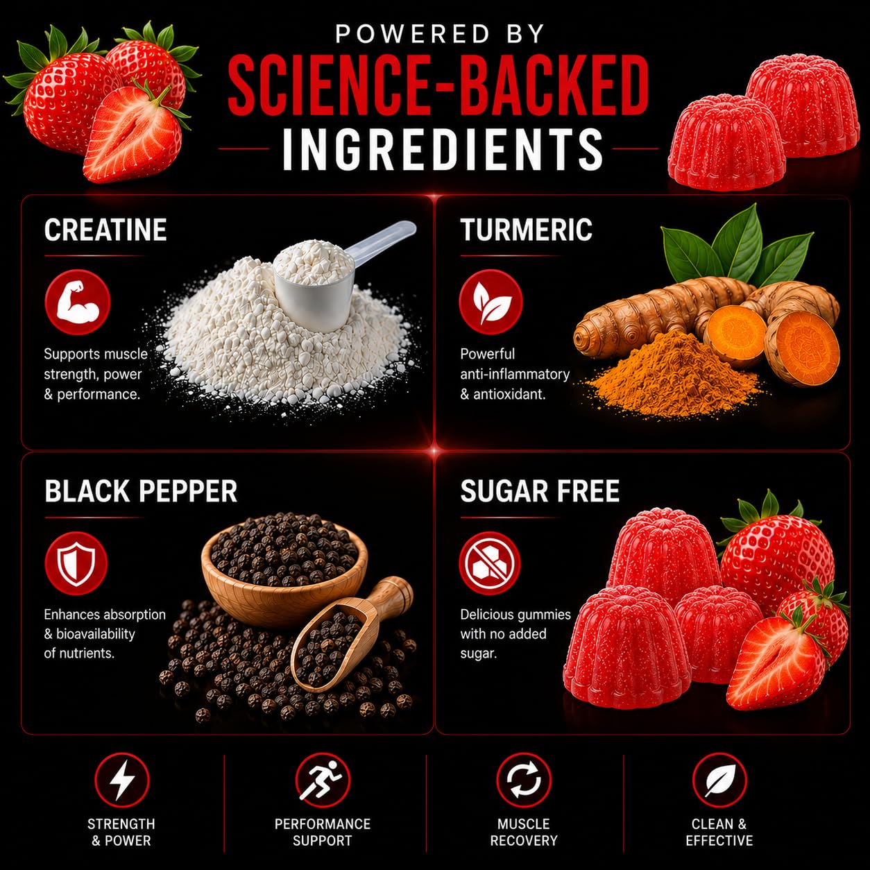 aura HK Creatine Monohydrate Gummies 5000mg Per Serving, Sugar Free, Strawberry Flavor, with Turmeric Root & Black Pepper, Vegan, 120 Gummies