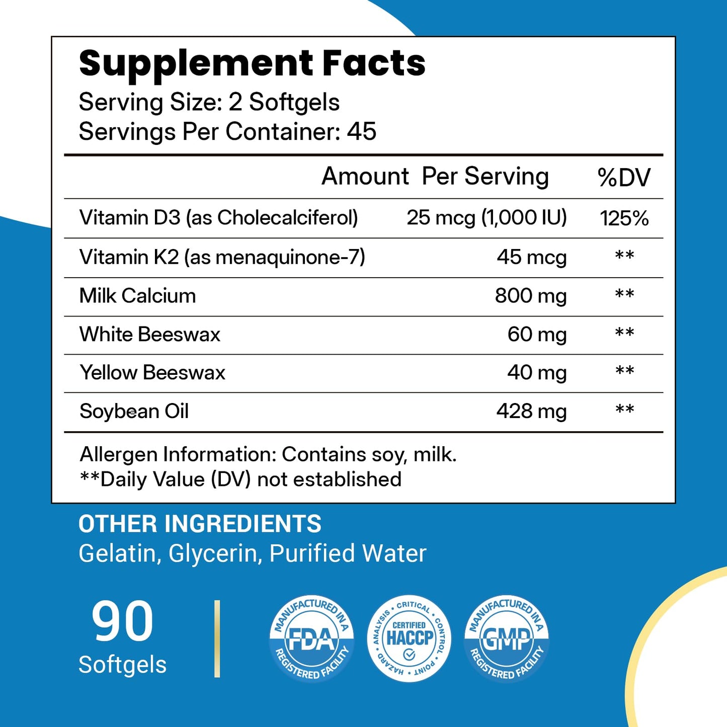 VBTOP Calcium Supplement 800mg with Vitamin D3 1000 IU & K2 45mcg Softgels, 180 Count