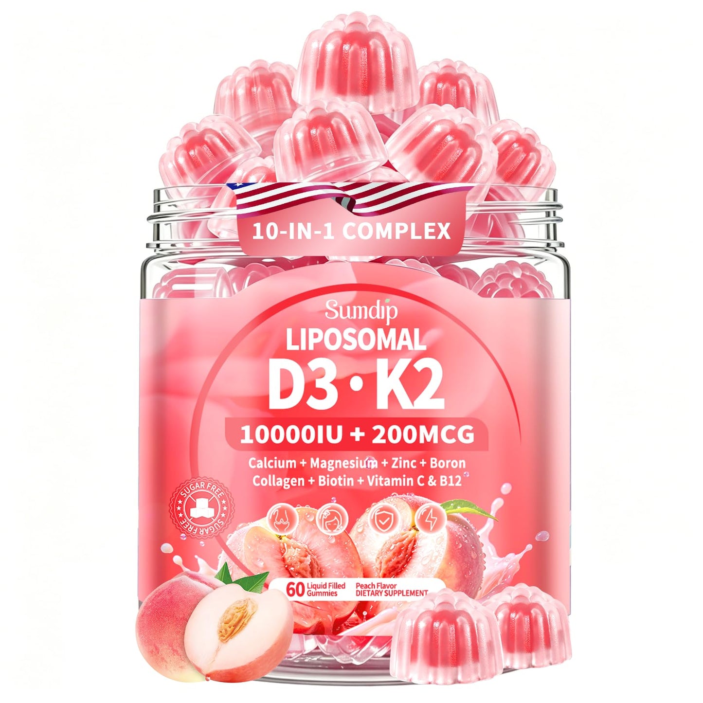 SumDIP Vitamin D3 K2 Gummies 10-in-1 Liposomal 10,000 IU Vitamin D3 with K2 (MK-7) 200 mcg, Calcium, Magnesium, Collagen, Biotin, Zinc & B12 - 60 Count