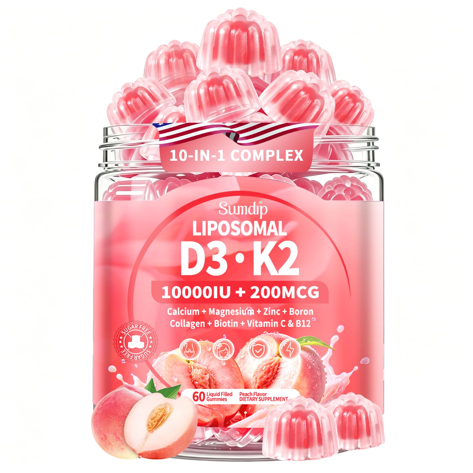 SumDIP Vitamin D3 K2 Gummies 10-in-1 Liposomal 10,000 IU Vitamin D3 with K2 (MK-7) 200 mcg, Calcium, Magnesium, Collagen, Biotin, Zinc & B12 - 60 Count