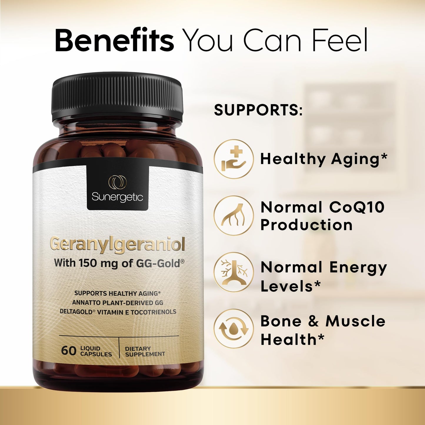 Sunergetic Geranylgeraniol Supplement - GG-Gold 150mg with DeltaGold Vitamin E Tocotrienols (Annatto Derived GG) for Statin Users, Heart Health & CoQ10 Production, 60 Capsules
