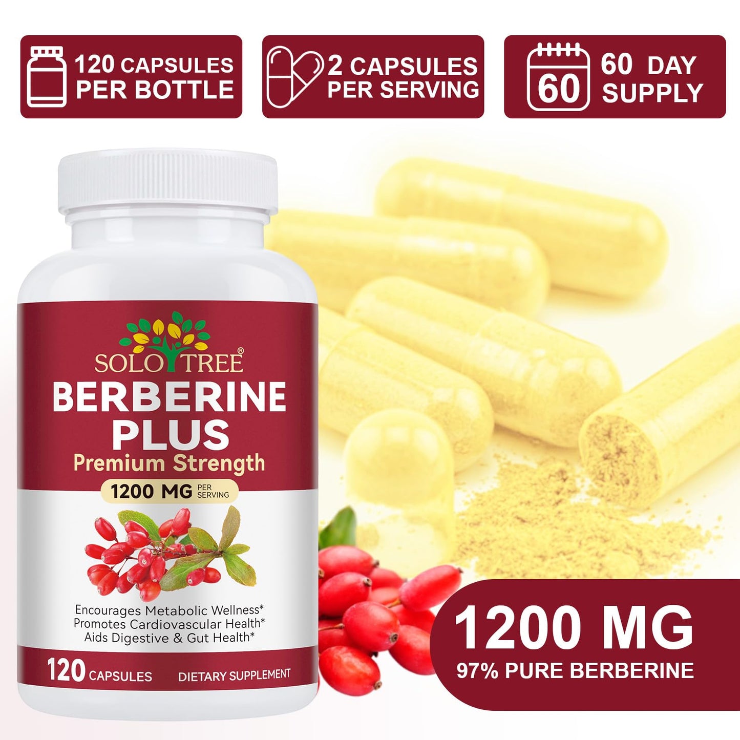 shwdppmy Berberine HCI 1200 mg with Royal Jelly Berberine Supplement Capsules 120