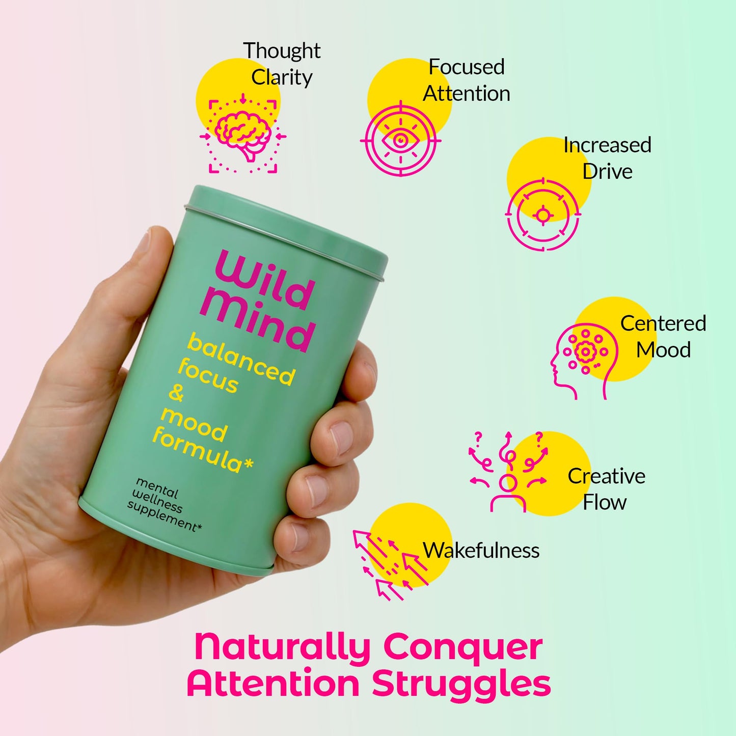 Wild Mind Mental Clarity Balanced Focus & Mood Support Supplement for Mental Wellness, 90 Capsules