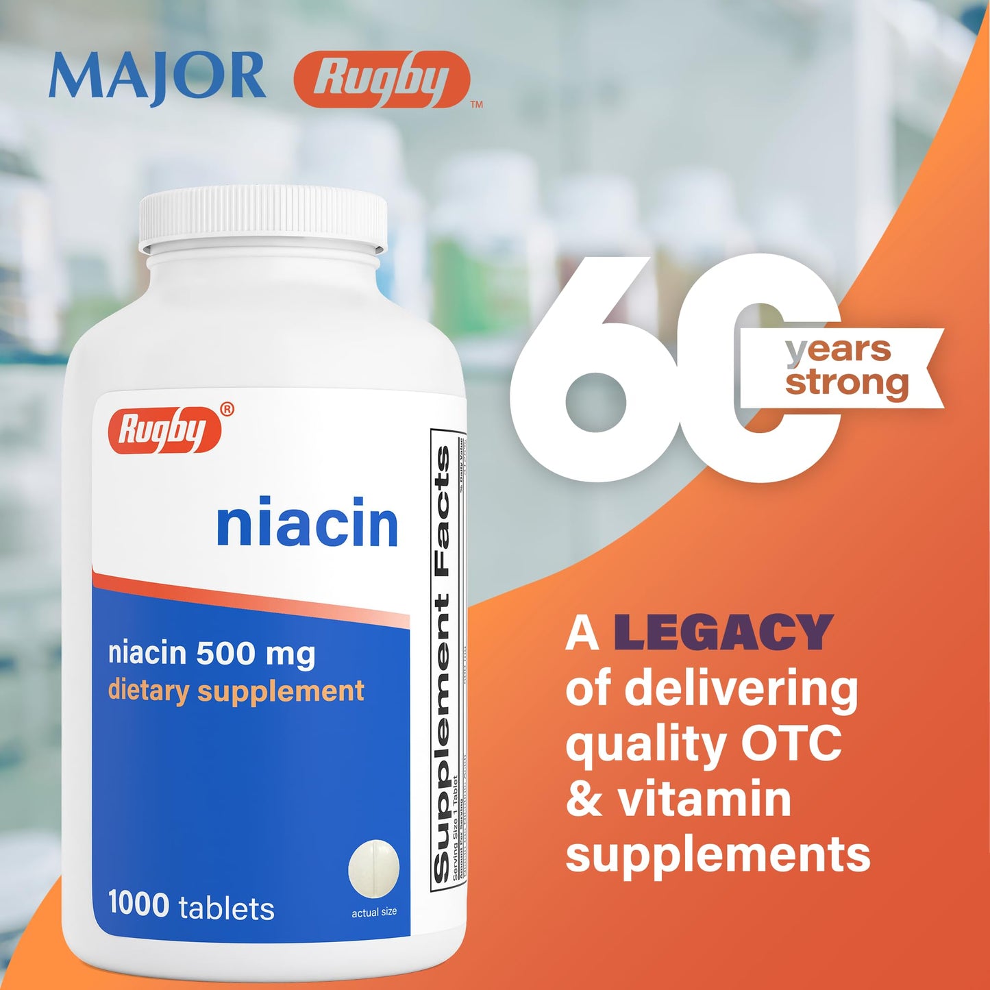 Rugby Laboratories Niacin 500mg Vitamin B3 Supplement for Men and Women, 1000 Tablets