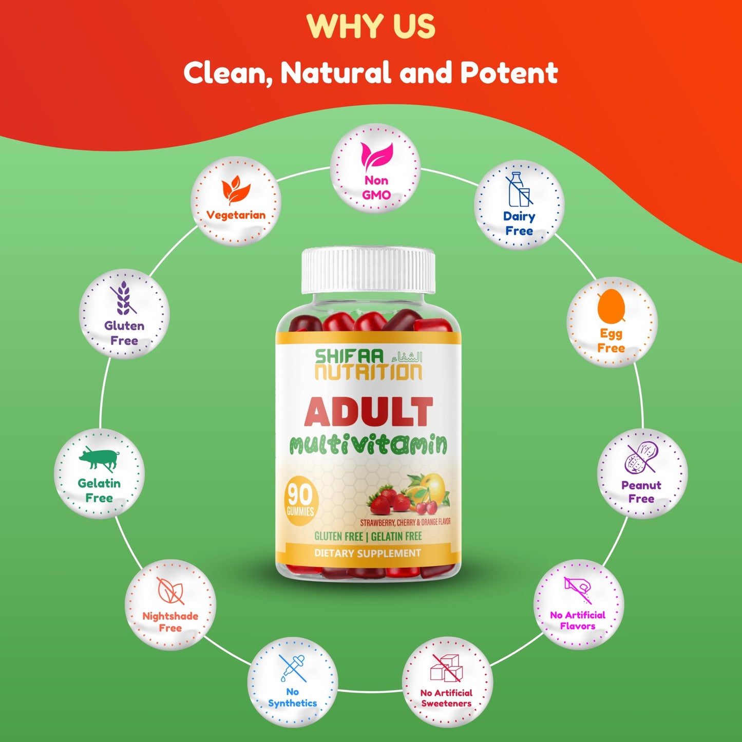 SHIFAA NUTRITION Halal & Vegetarian Multivitamin Gummies for Adults 90 Count