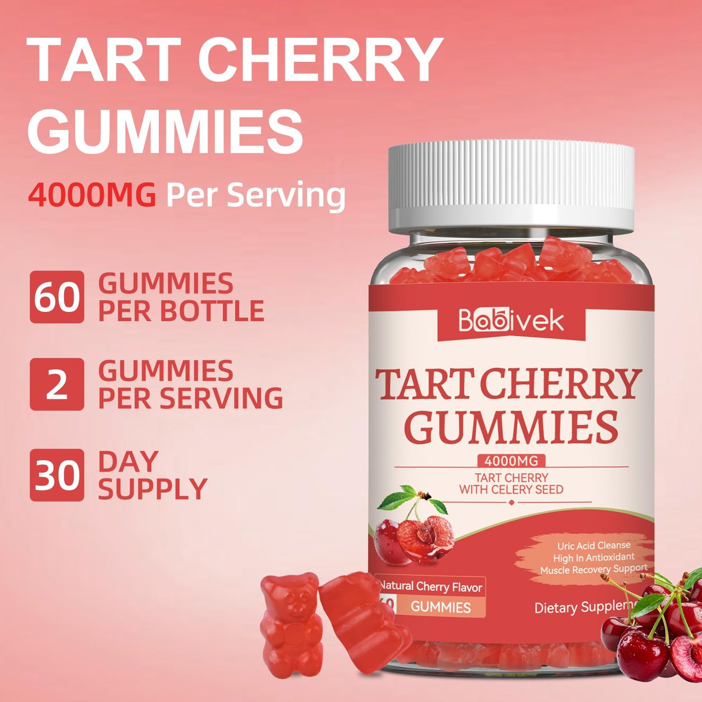 Babivek Tart Cherry with Celery Seed Extract – 4000mg Equivalent Per Serving, 2-in-1 Antioxidant & Uric Acid Support – Vegan, Pectin-Based, Delicious Natural Cherry Flavor, 60 Gummies