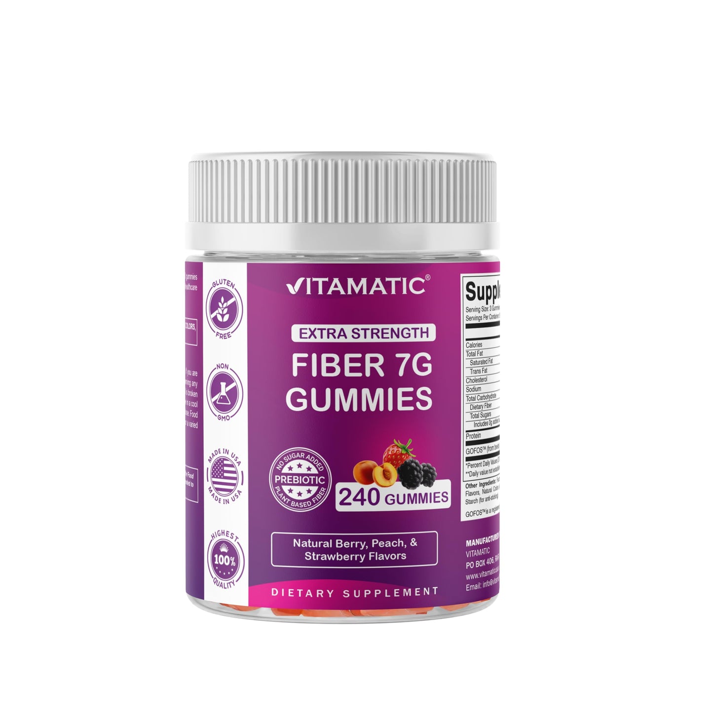 Vitamatic Prebiotic Fiber Gummies for Adults, 7G Extra Strength, Zero Sugar Added, Pectin-Based, 240 Gummies
