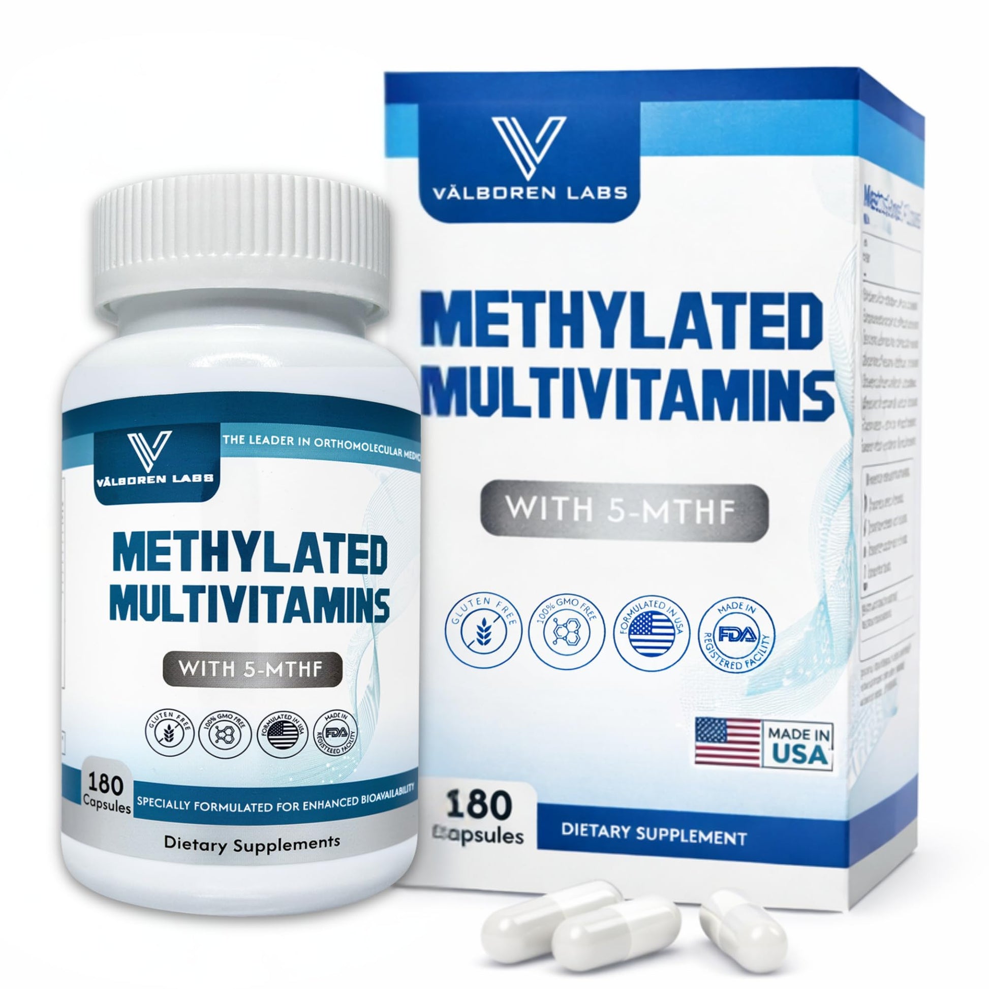 Valboren Labs Methylated Multivitamin – Active Folate (5-MTHF) with Methyl B12, B2, B6 & B Vitamins Capsules, 180 Count