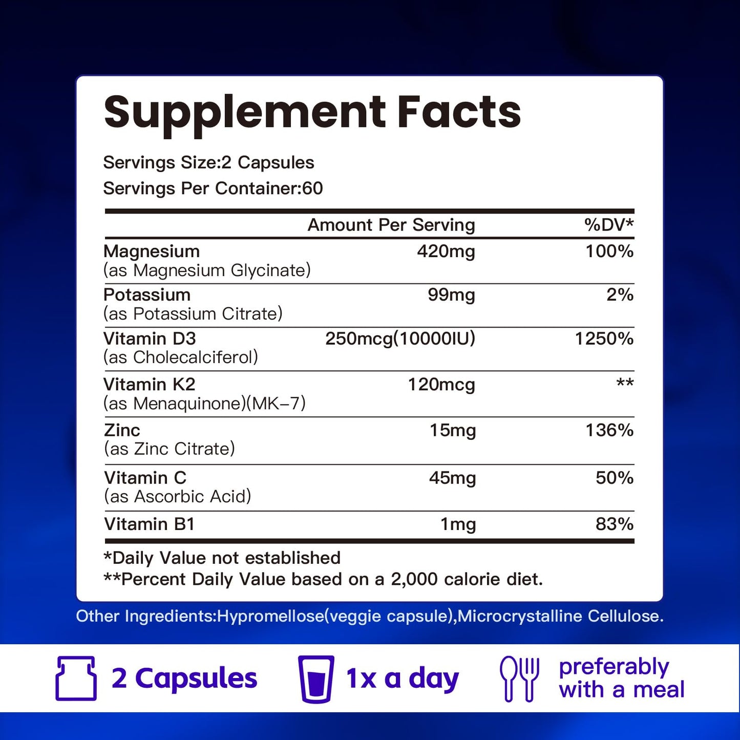 VPKIN Potassium Magnesium Zinc & D3 K2 Supplement Capsules, 120 Count