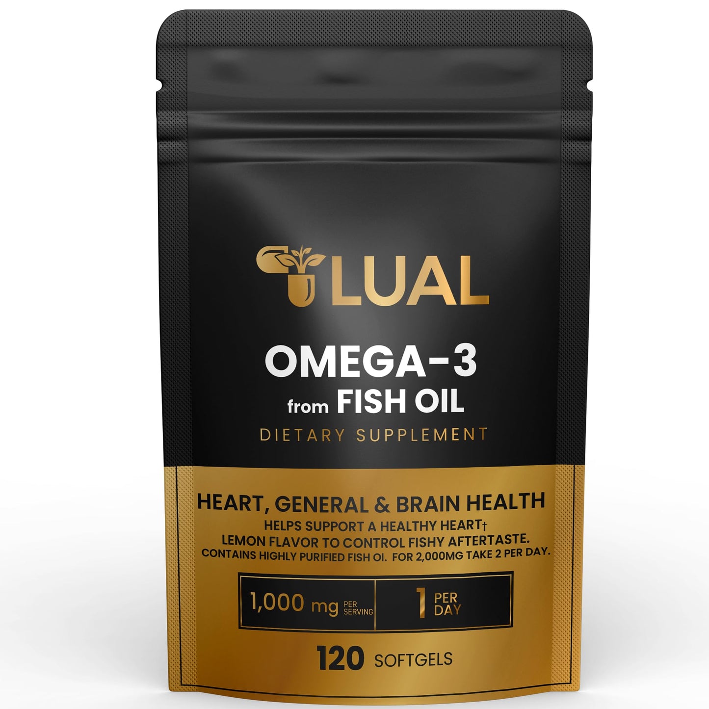LUAL Omega-3 Fish Oil Softgels 1000mg, EPA & DHA, Lemon Flavor, Burpless, Non-GMO, 120 Count