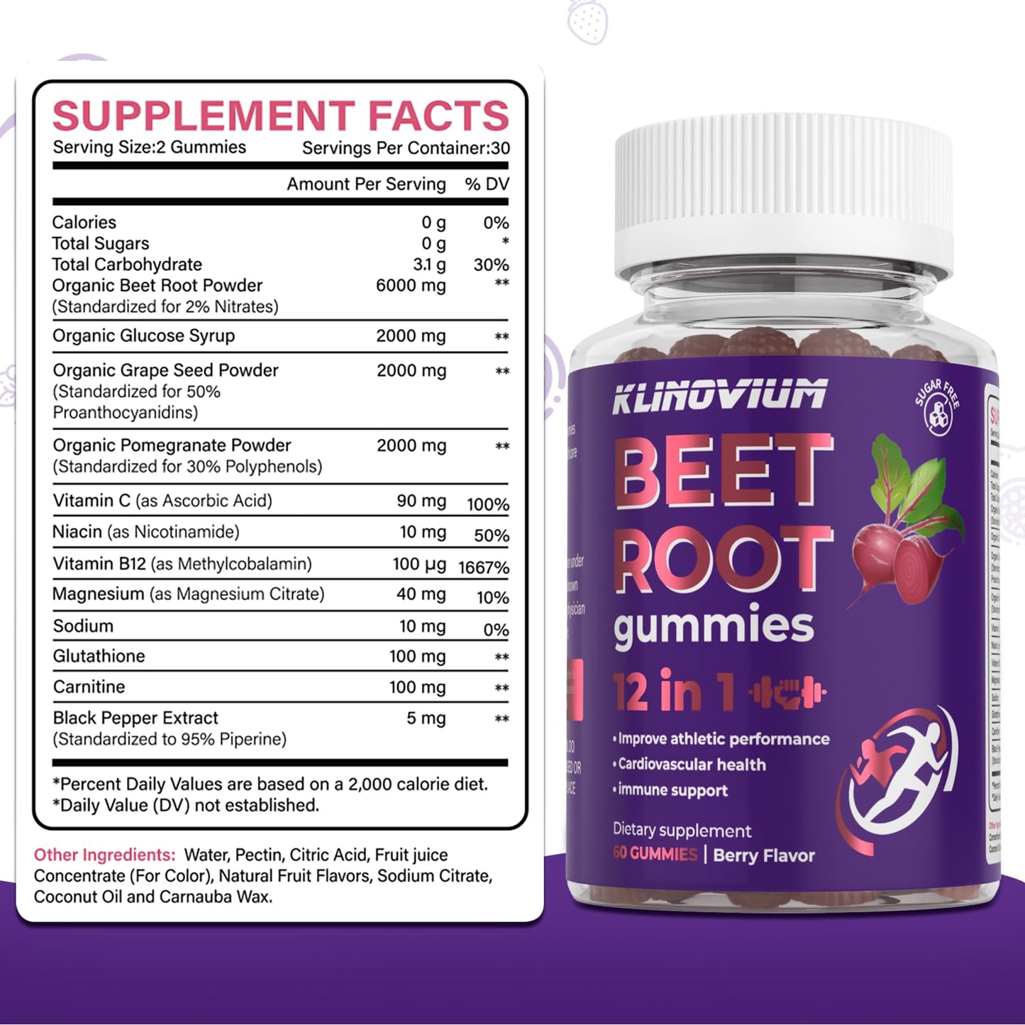 Klinovium Nitric Oxide Beet Root Gummies 6000MG with Grapeseed Powder, Pomegranate Powder, Glutathione, Vitamin C & B12 – Sugar-Free, Mixed Berry Flavor, 60 Gummies