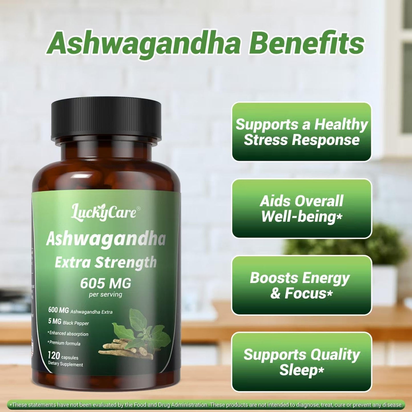 Luckycare Ashwagandha 600mg Extra Strength Root Extract with Black Pepper Capsule, 1 Count