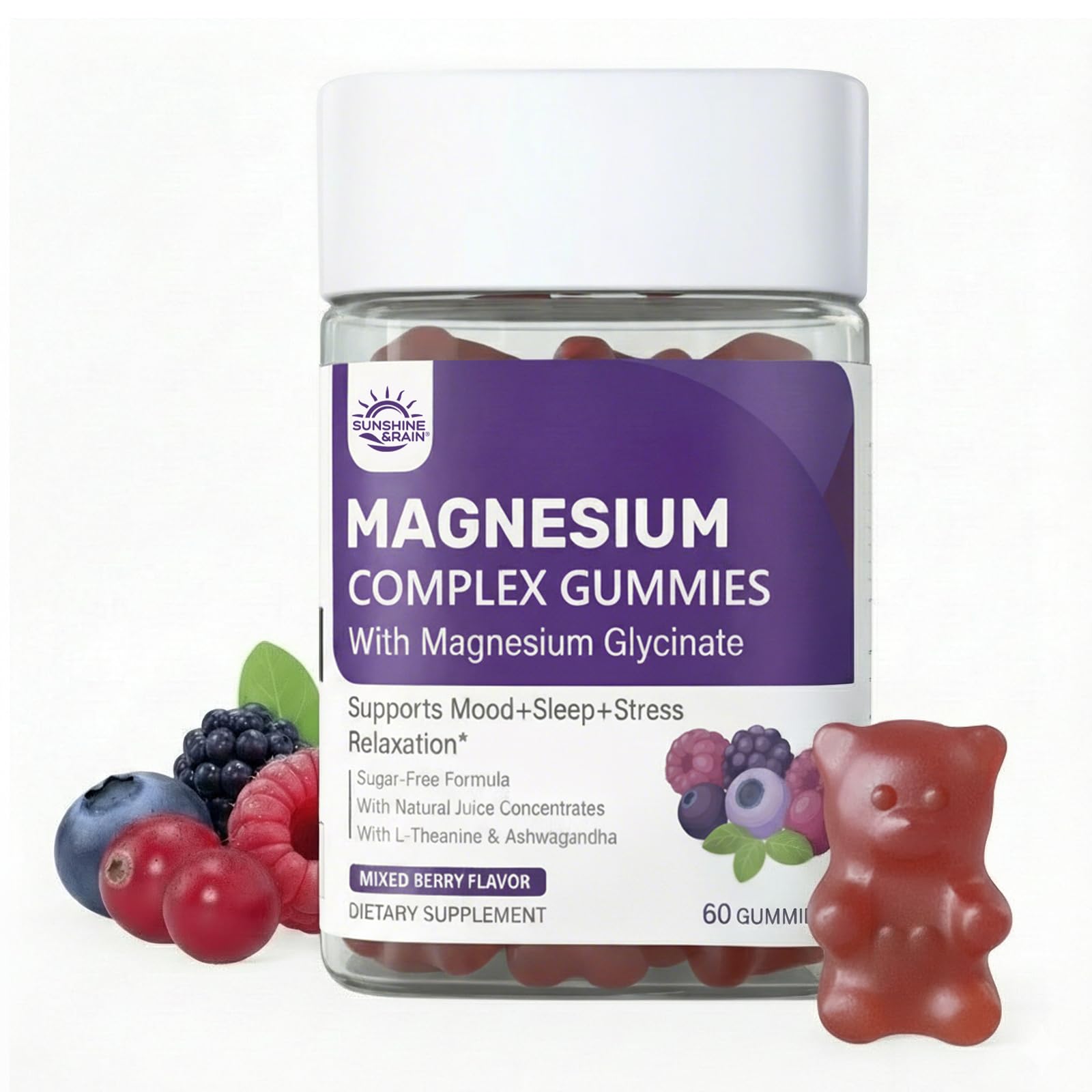 Sunshine & Rain Magnesium Calm Gummies 300mg - 4-in-1 Magnesium Glycinate, Citrate, Malate & Taurate with Ashwagandha, L-Theanine & Lemon Balm for Relaxation, Mood & Zzz Support, Sugar-Free, Vegan, 60 Gummies