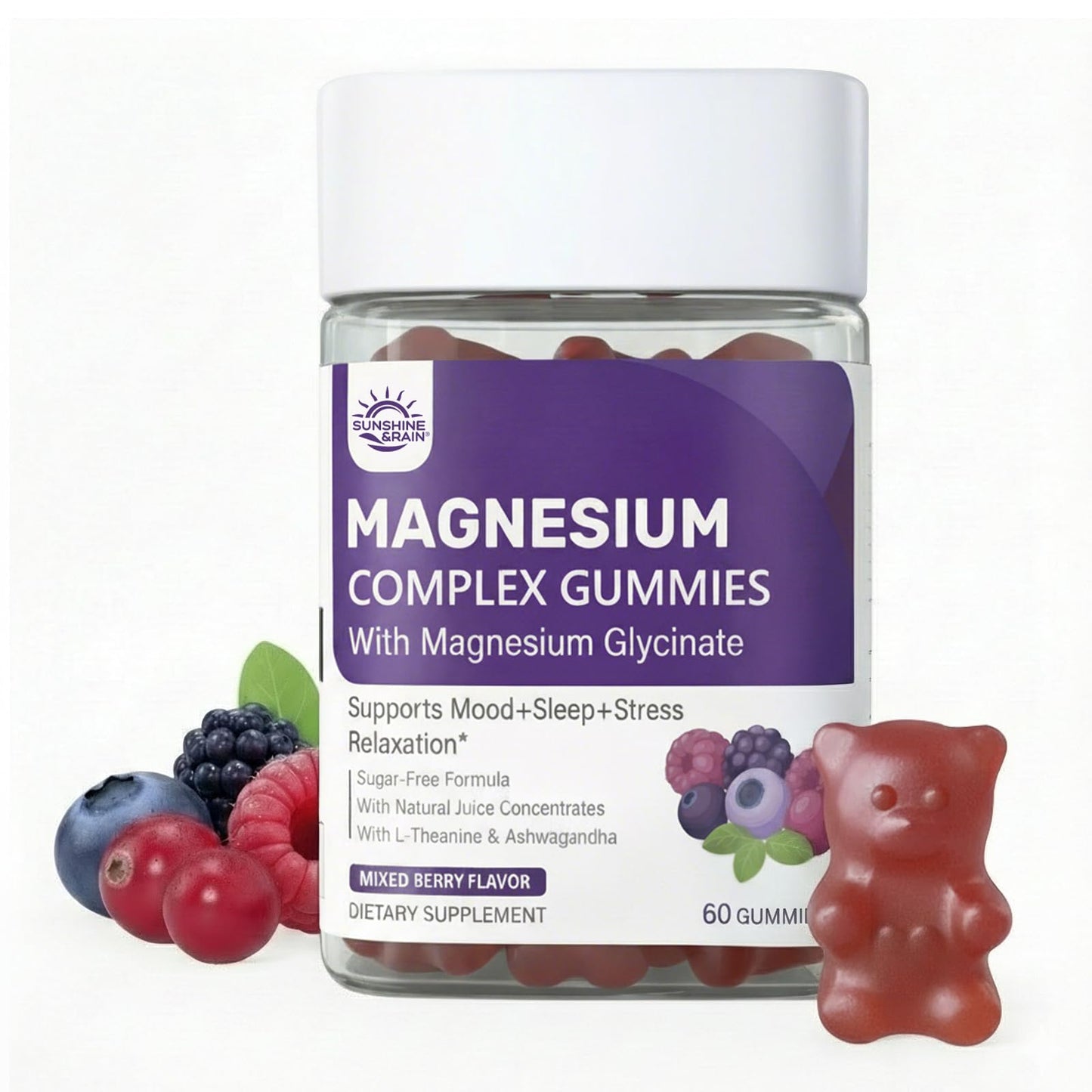 Sunshine & Rain Magnesium Calm Gummies 300mg - 4-in-1 Magnesium Glycinate, Citrate, Malate & Taurate with Ashwagandha, L-Theanine & Lemon Balm for Relaxation, Mood & Zzz Support — Sugar-Free, Vegan, 120 Gummies