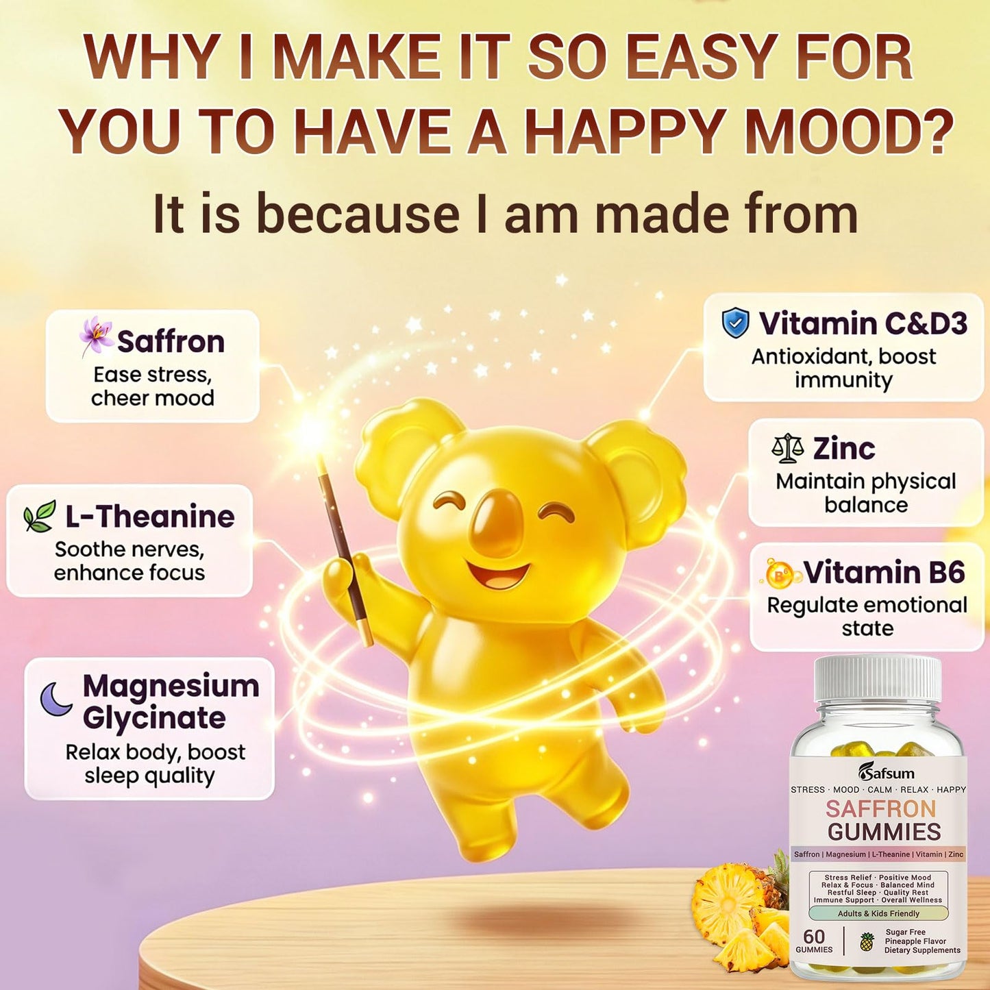 Safsum Saffron Gummies with Magnesium, L-Theanine, Vitamins - Happy Gummies for Stress Relief & Mood Support Saffron Supplements for Adults & Kids, Sugar Free Pineapple Flavor, 60 Gummies