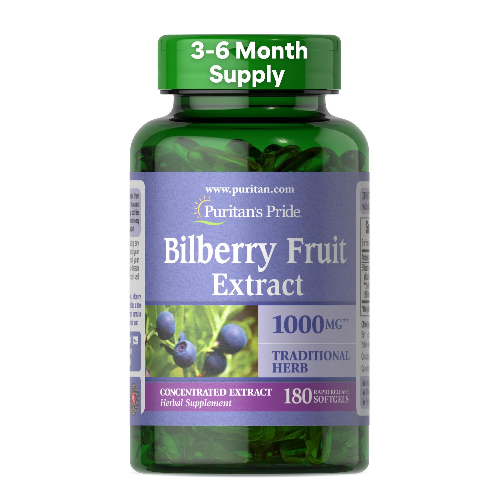 Puritan's Pride Bilberry Fruit Extract 250mg Softgels, 180 Count