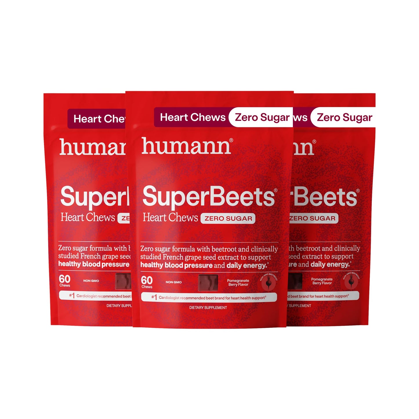 HumanN SuperBeets Heart Chews Zero Sugar Beet Root Supplement, Energy, Nitric Oxide and Blood Pressure Support, Grape Seed Extract, Non-GMO, Heart Health, Pomegranate Berry Flavor, 180 Chews