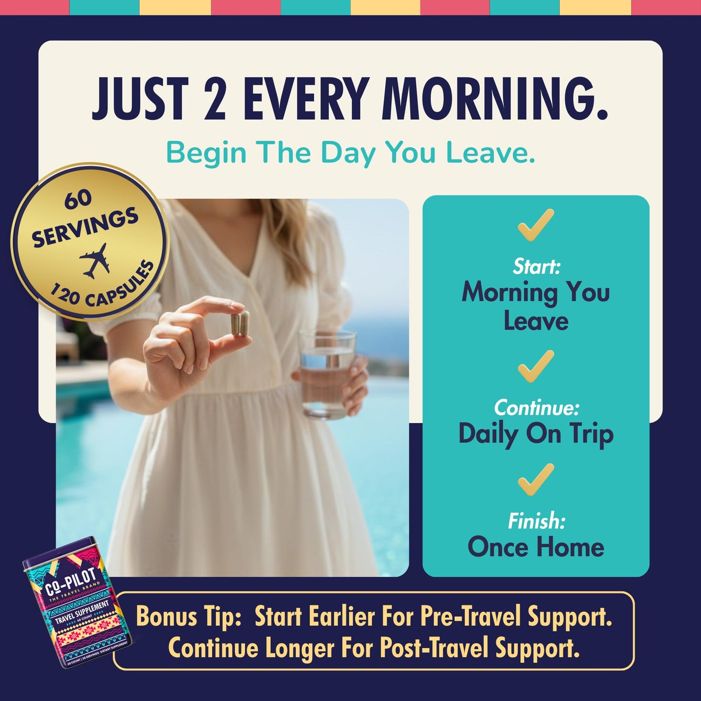 Co-Pilot The Travel Brand Jet Lag Prevention + Ashwagandha, Rhodiola, D3+ for Immune Support, Energy, Digestive Health Capsules 120