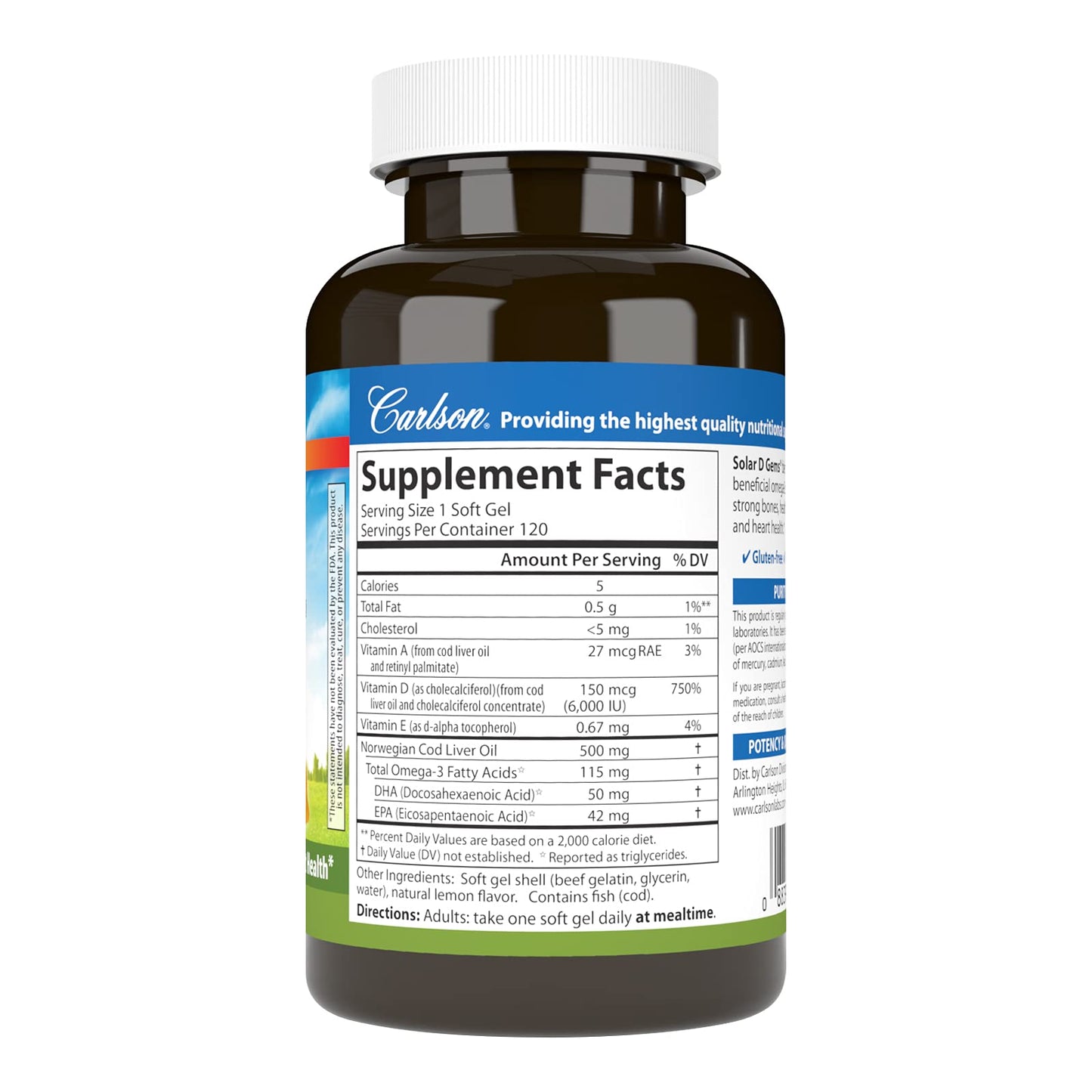 Carlson Solar D Gems Vitamin D3 and Omega-3 Softgels, 120 Count