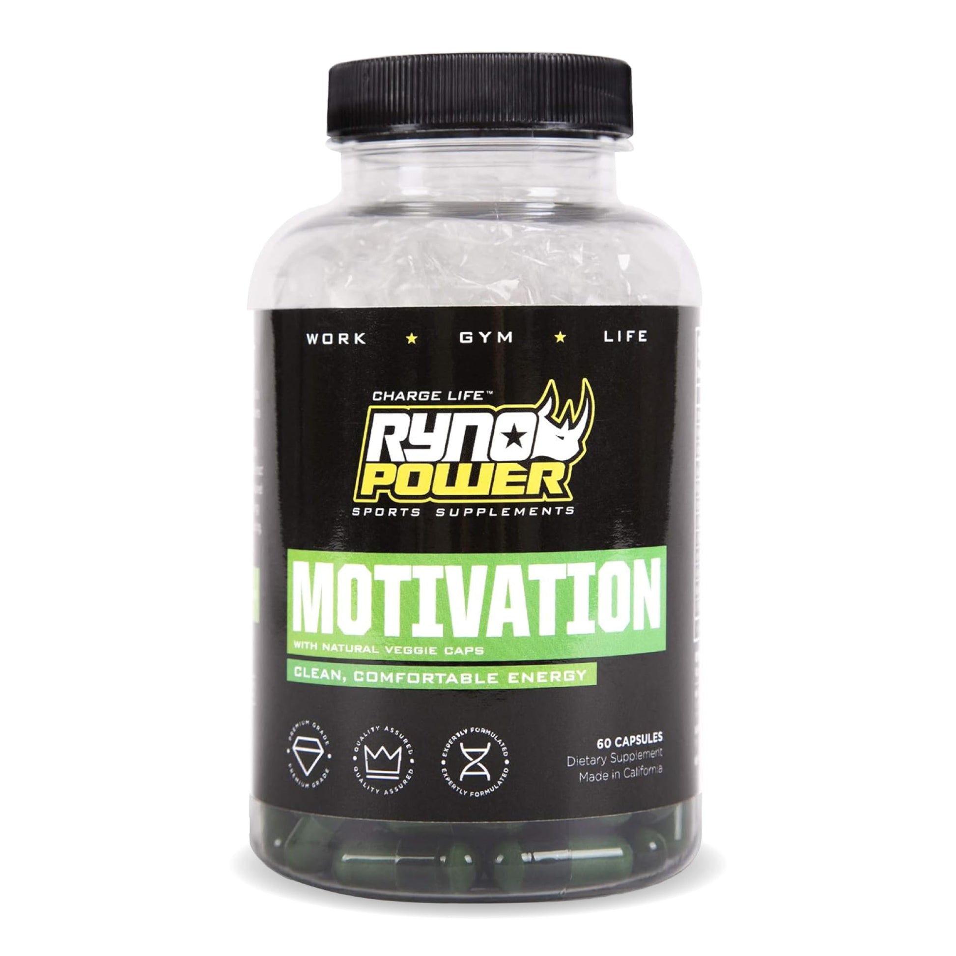Ryno Power Motivation Pre-Workout Focus Energy Supplement Capsules, 60 Count