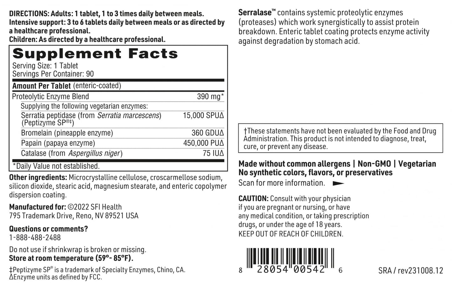 SFI Health Serralase Vegetarian Proteolytic Enzyme Blend with Serratia Peptidase & Bromelain for Digestion, Sourced from Papaya & Pineapple, Hypoallergenic, 90 Tablets