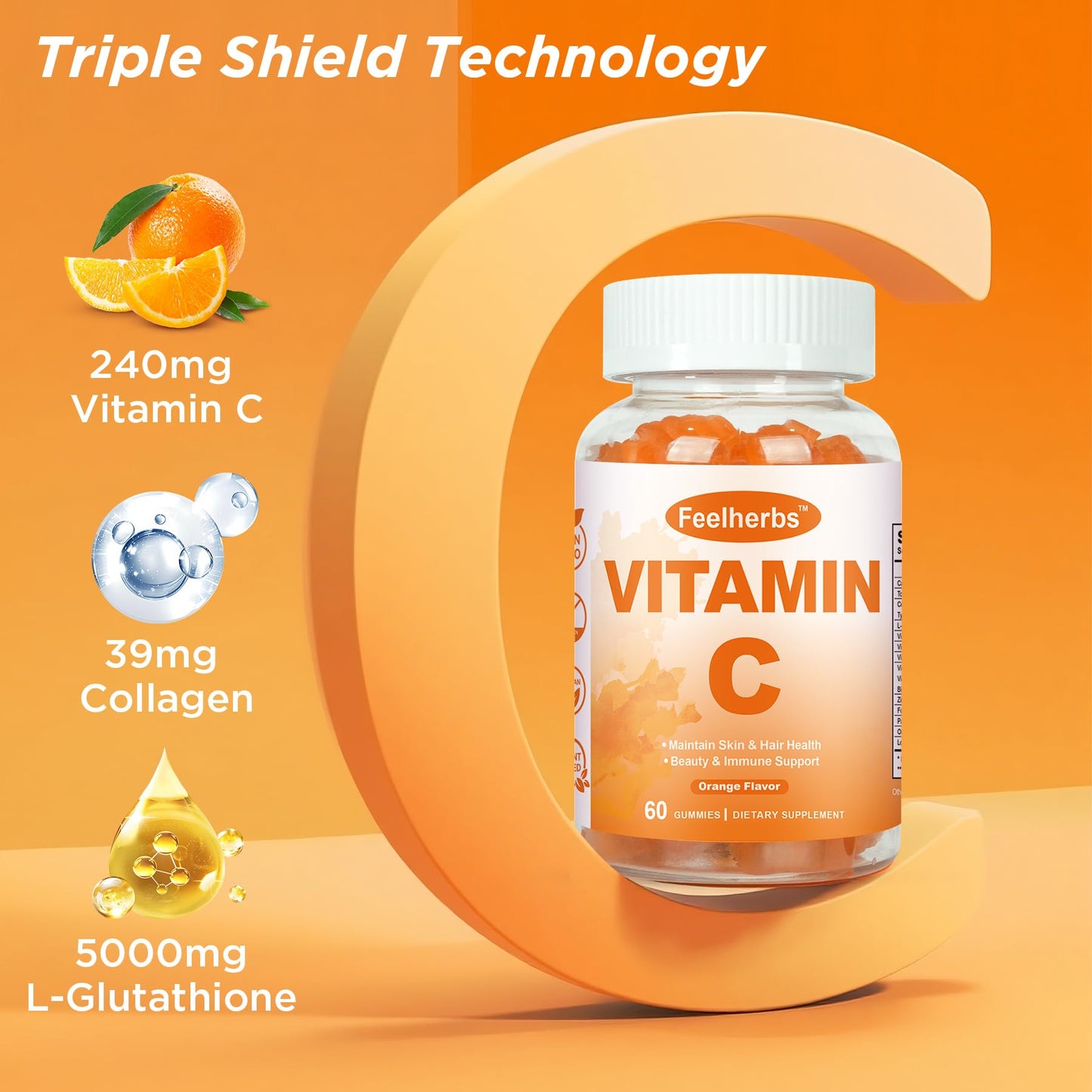 Feelherbs Chewable Vitamin C Gummies 240mg, Natural Orange Flavor, 60 Gummies