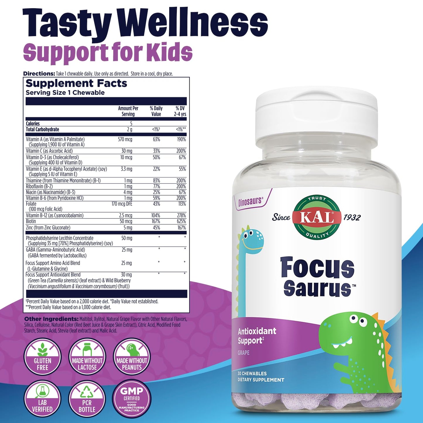 KAL Focus-Saurus Grape Chewables 30